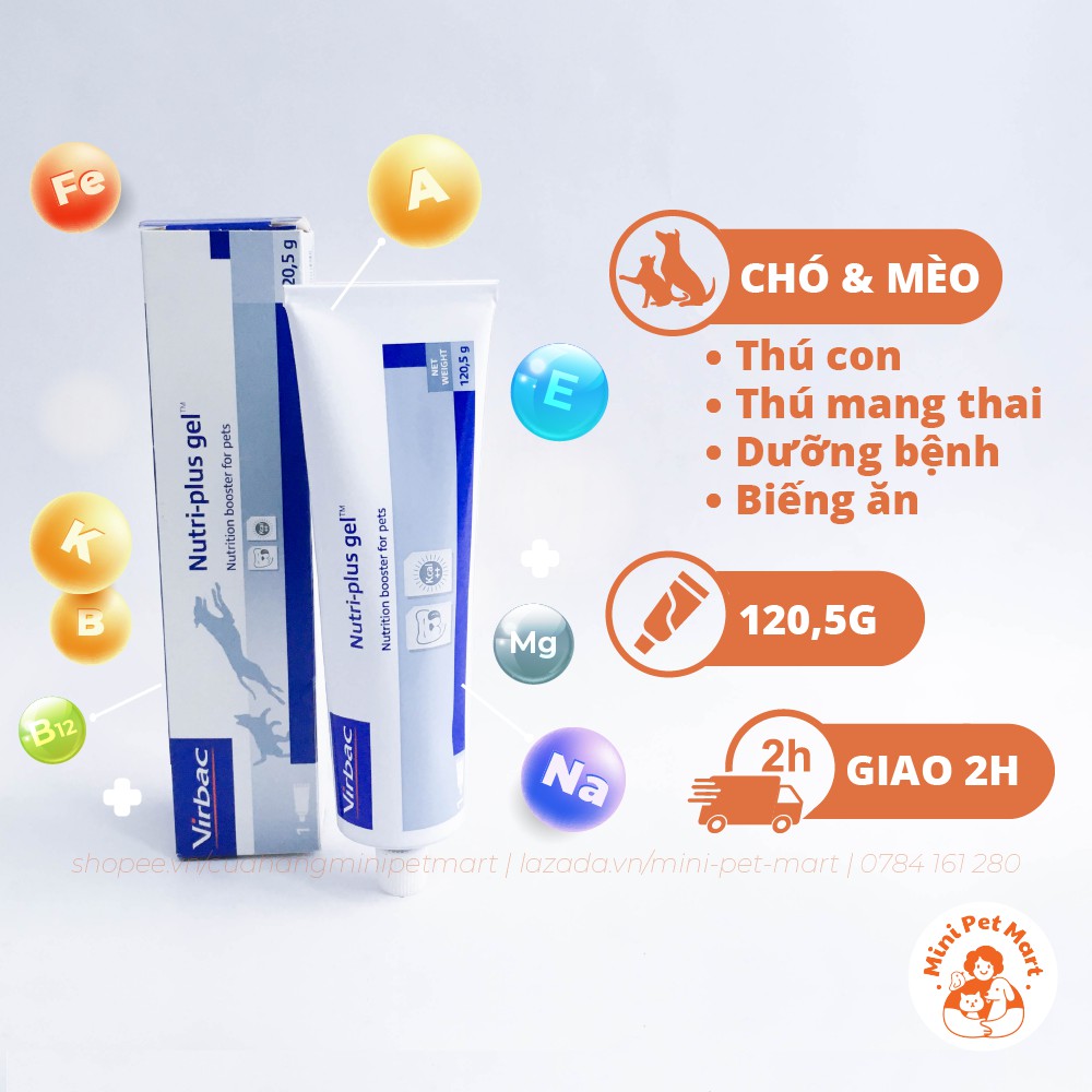 Gel dinh dưỡng bổ sung vitamin và khoáng cho chó con, mèo con, chó mèo biếng ăn, dưỡng bệnh VIRBAC NUTRI-PLUS GEL 120,5g