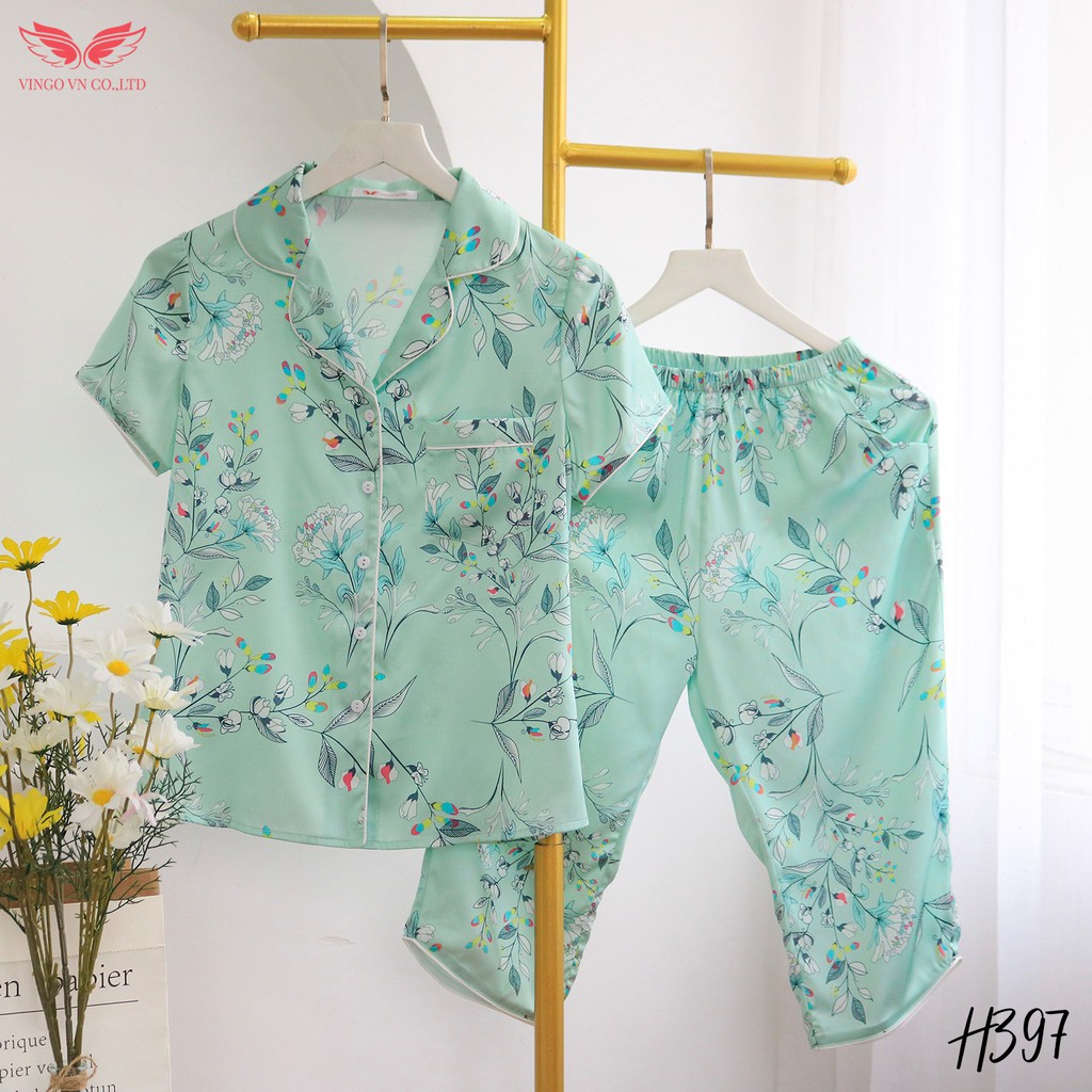 VINGO Bộ Đồ Mặc Nhà Nữ Kiểu Pyjama Lụa Pháp Tay Cộc Quần Lửng Họa Tiết Lá Sang Trọng Vingo Cao Cấp H397 VNGO