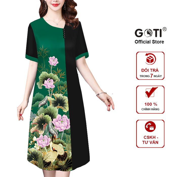 GOTI - Đầm Trung Niên Dáng Suông Lụa Giấu Bụng Nhiều Size Cho Mẹ U50 U60 Phối Màu In Hoa 3333 3334