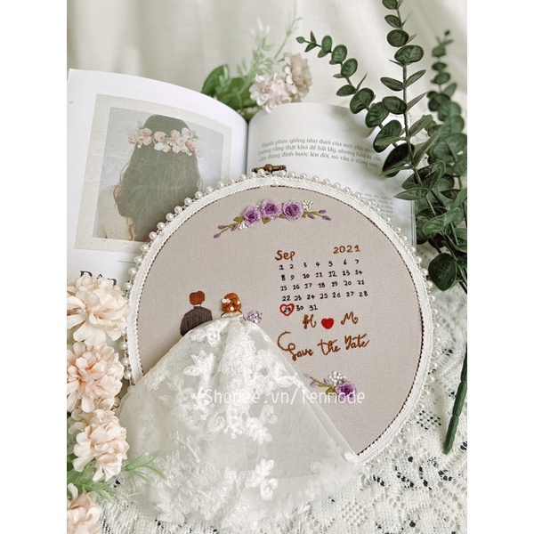 Diy bộ KIT kỉ niệm ngày cưới vintage thêu tay tự làm Quà Tặng ĐÁM CƯỚI tình yêu handmade decor tiệc kỷ trang trí LENMADE