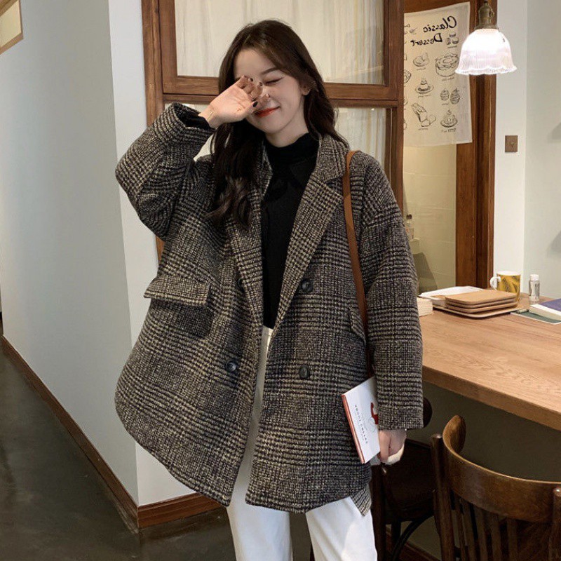 Áo blazer dạ kẻ 2 lớp phong cách ulzzang - to rộng phong cách Hàn Quốc