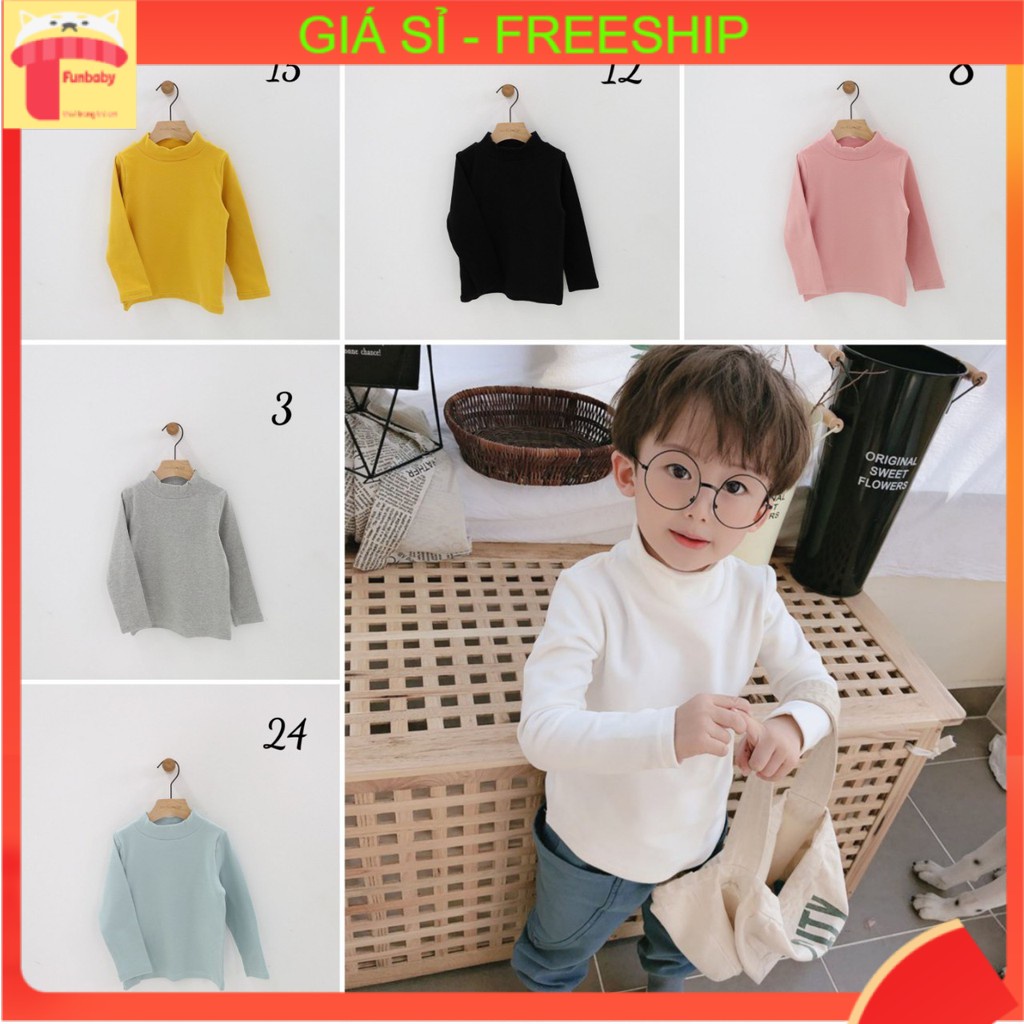 Áo thun dài tay cho bé 7-14 tuổi cao cổ vải cotton len dày dặn, Áo giữ nhiệt cotton len trẻ em chất liệu cao cấp