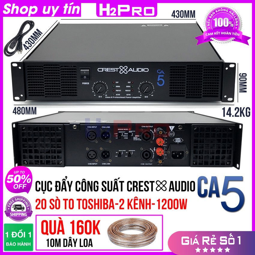 Cục đẩy công suất 2 kênh CREST AUDIO CA5 H2Pro, 1200w-20 sò to-nguồn xuyến, cục đẩy công suất karaoke cao cấp tặng quà