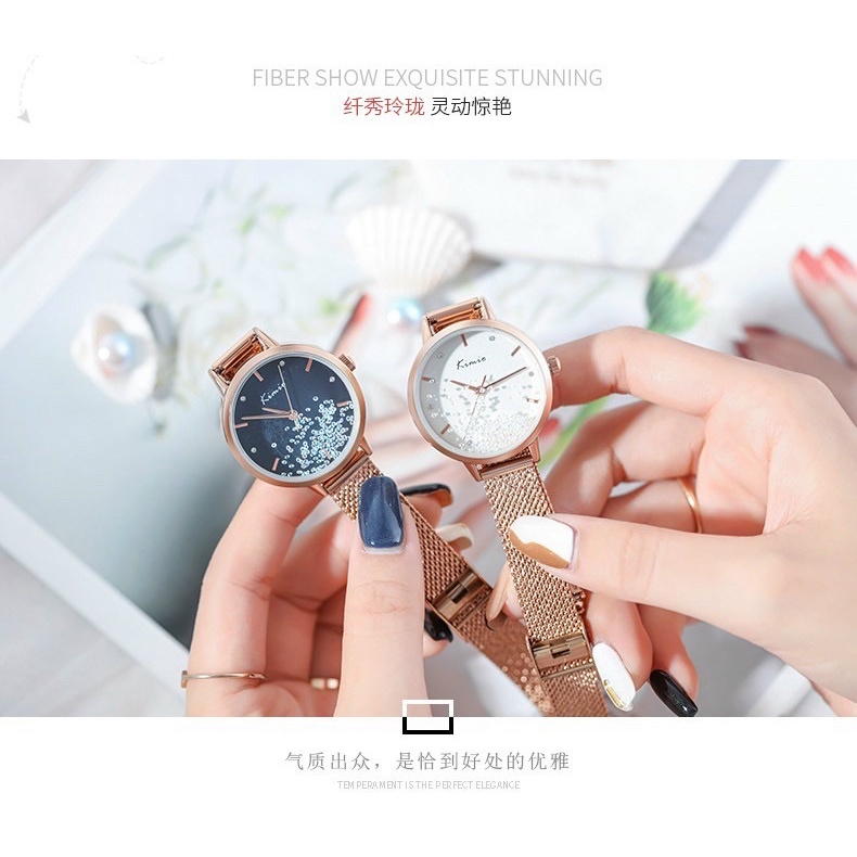 Đồng hồ nữ KIMIO 6391 mặt tròn phủ pha lê sang trọng độc đáo, hạt bên trong chuyển động, dây thép cao cấp chống nước