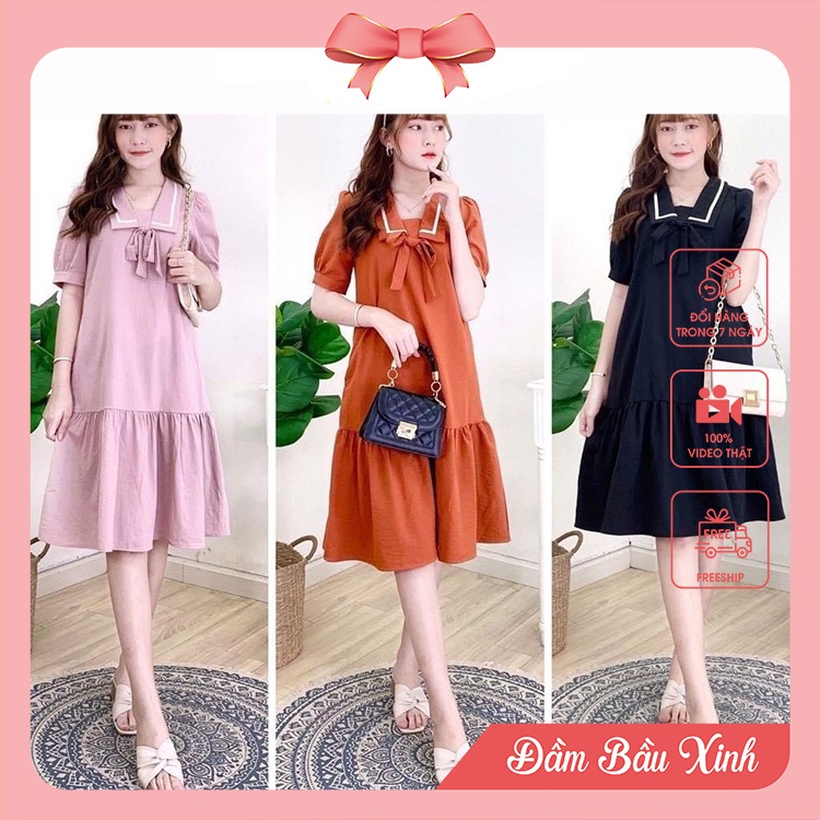 Đầm bầu công sở chất đũi suông thắt nơ váy bầu đuôi cá cổ bẻ viền trắng vintage V11310