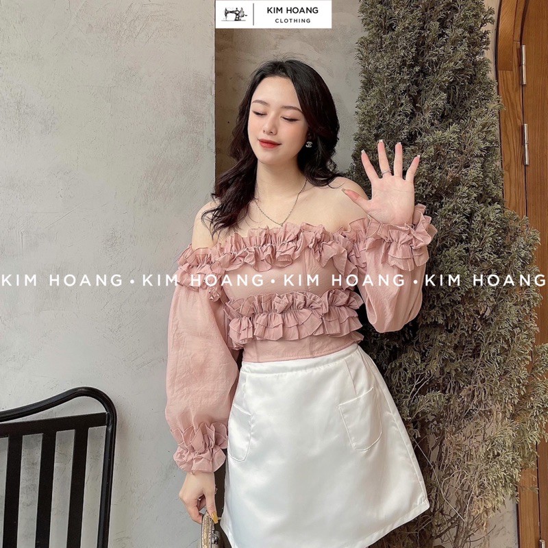 Áo hở vai croptop Kim Hoàng bèo nhún tay bồng tơ Hàn, hàng thiết kế cao cấp (Jewel Top)