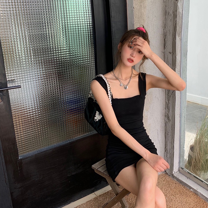 SUXI Đầm Mini Hai Dây Cổ Vuông Màu Đen Trơn Quyến Rũ Thời Trang Mùa Hè Cho Nữ