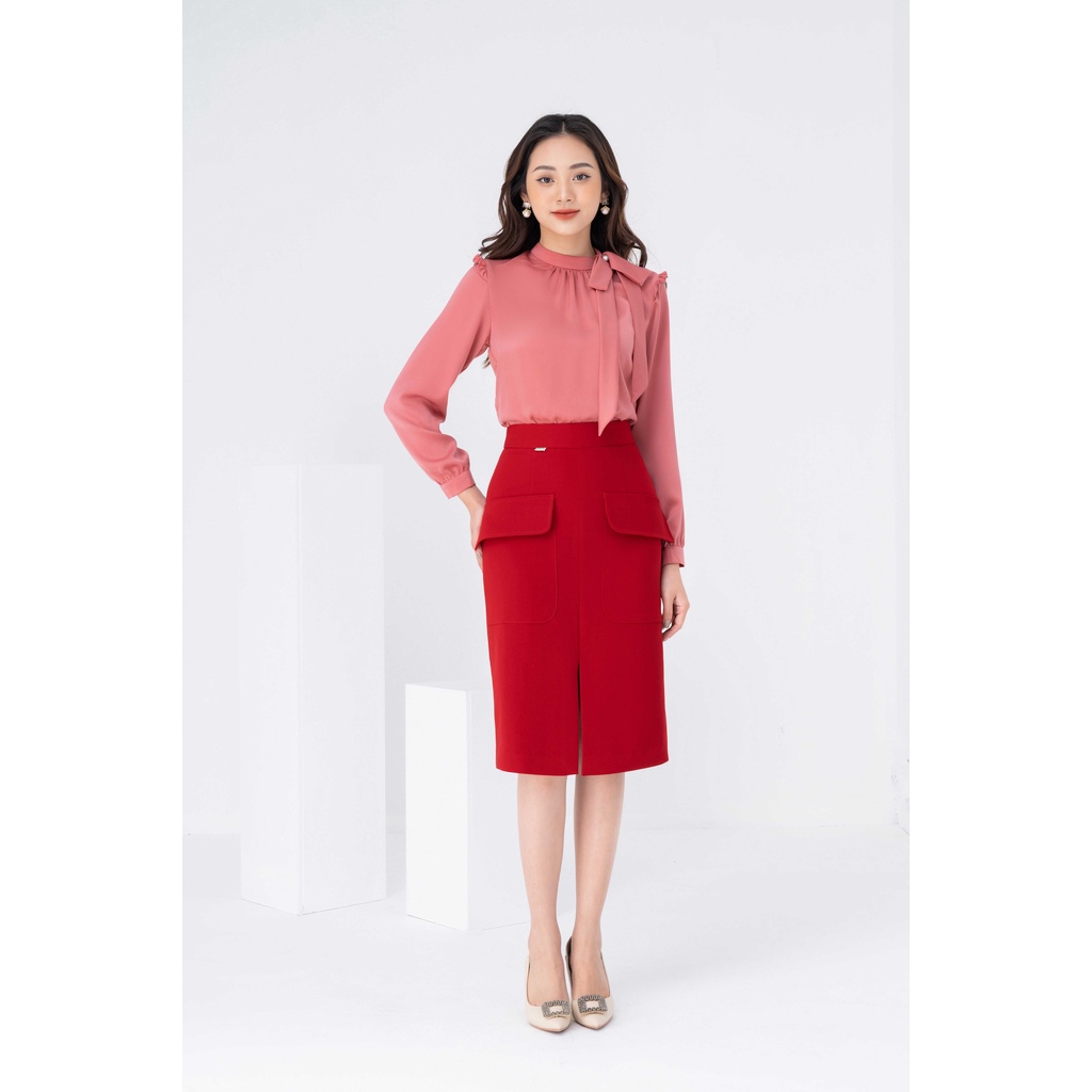 Áo sơ mi lụa cổ tàu phối nơ lệch Lamia Design SM048 SM046