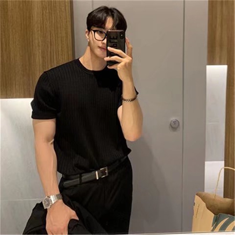 Áo Thun Tay Ngắn Cổ Tròn Họa Tiết Kẻ Sọc 2 Màu Sắc Phong Cách Hong Kong Thời Trang Mùa Hè Cho Nam Size M-3XL