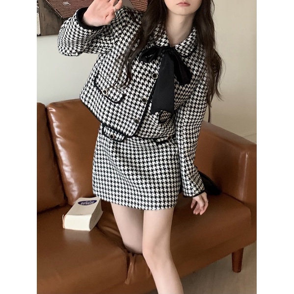 Set Váy Áo Dạ Tweed Sọc Caro Đen