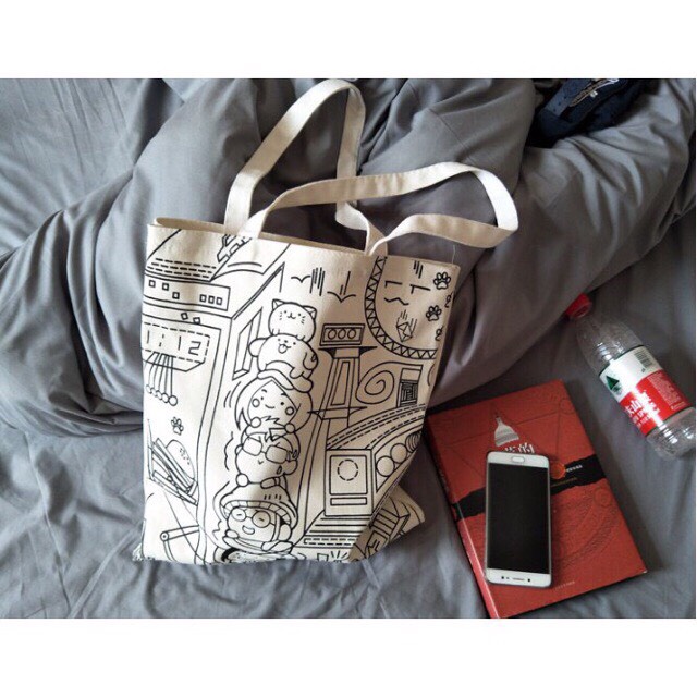 Túi tote vải dệt canvas in hình chibi ngộ nghĩnh đen trắng