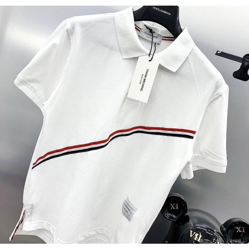 Áo polo cộc tay Thom Brown có hoạ tiết kẻ, Áo có cổ thời trang mùa hè phong cách hàn quốc cotton btshop từ 45 đến 75 kg