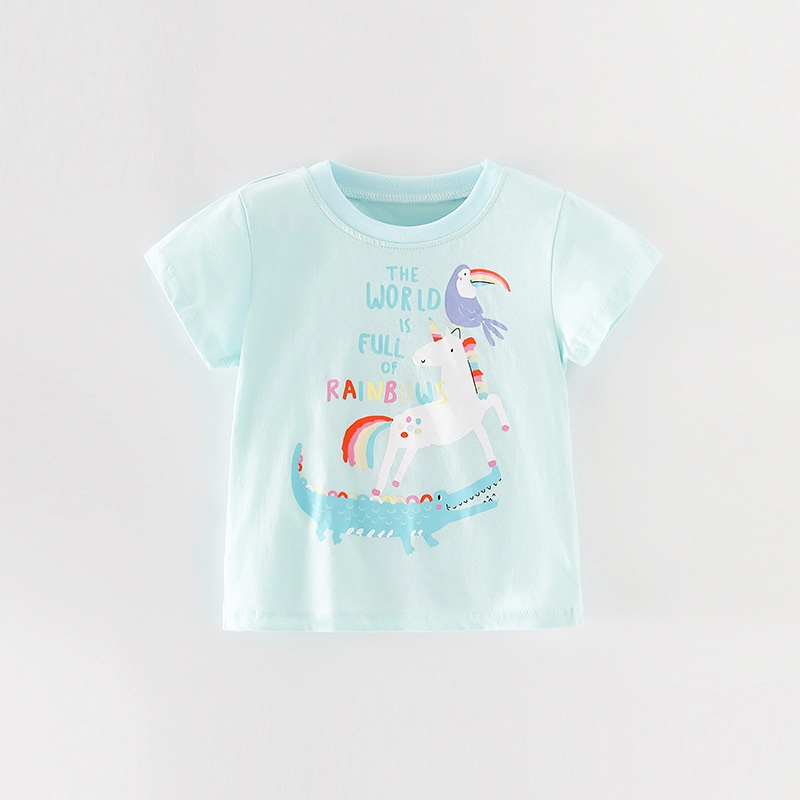 Áo Thun Cotton Tay Ngắn Cổ Tròn In Hình Kỳ Lân Dễ Thương Dành Cho Bé Gái