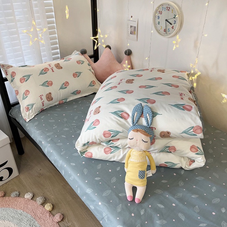 Chăn ga gối cotton poly - Mẫu tuylip xanh.