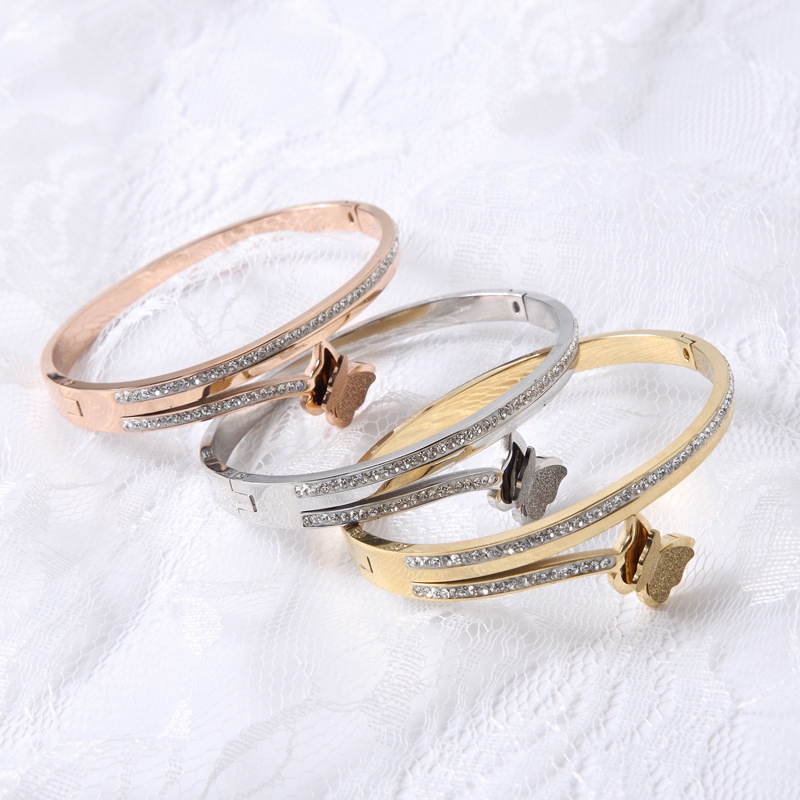 Vòng tay thép titan mạ vàng hồng 18k/ vàng/ bạc hình bướm đính đá zircon cách Hàn Quốc dễ phối đồ