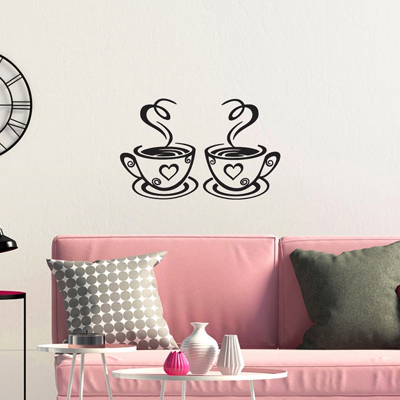 Cặp Sticker Dán Tường Bằng Pvc Màu Đen Chống Thấm Nước Họa Tiết Cốc Cà Phê Lãng Mạn