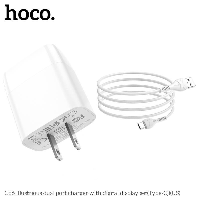 Bộ Sạc Type-C Hoco C86 Cho Samsung, Xiaomi, Oppo,... Bộ Sạc 2 Cổng Có Đèn, Sạc Nhanh MAX 2.4A [CHÍNH HÃNG]
