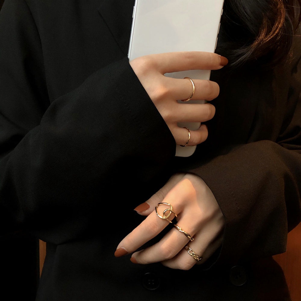 Set 5 nhẫn dạng hở kiểu hình học bằng hợp kim nhiều màu sắc có thể điều chỉnh phong cách Hàn Quốc