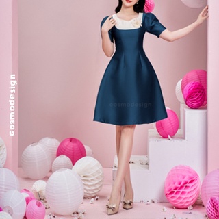 Váy ôm tafta COSMO DESIGN xanh dương phối kem xếp ly tay phồng