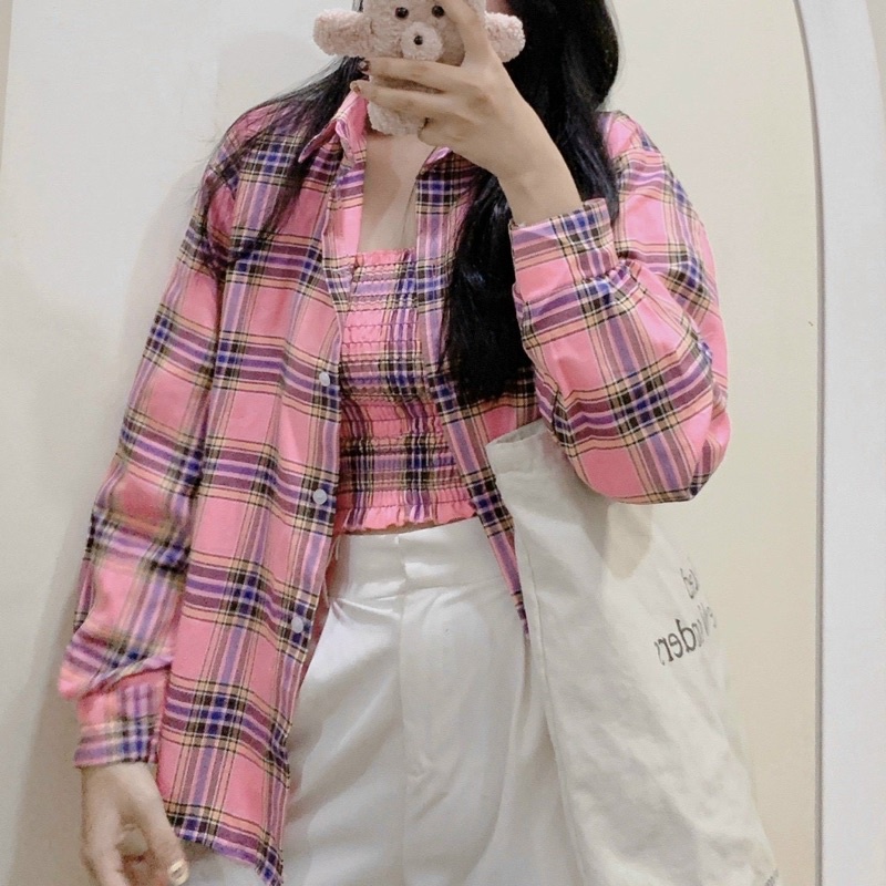 Áo Khoác Sơ Mi Caro và Áo Croptop Lót Trong, Chống Nắng Dài Tay Nhiều Màu Unisex Nam, Nữ-ASOMICROPTOP