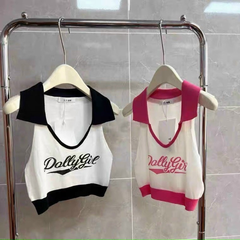 Áo DOLLY GIRL GB ba lỗ cổ sơ mi croptop phối màu thun gân cho Nữ - alohashop91