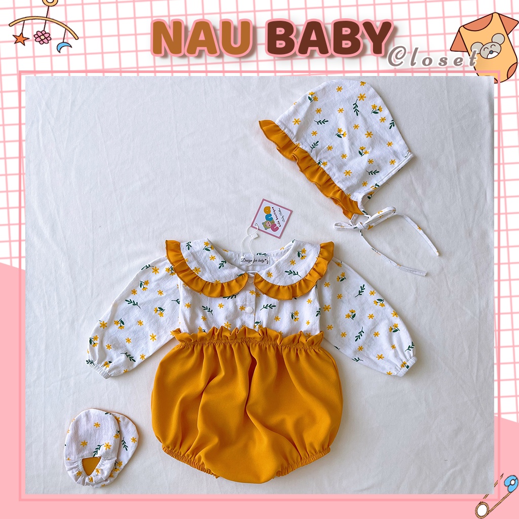 Body em bé gái sơ sinh Kèm mũ và giày vải Size 3kg đến 13kg Chất thô đũi cara phối đũi trơn Nau Closet