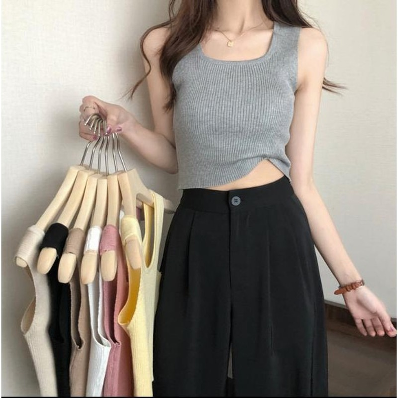 Áo croptop nữ dệt ngắn kim màu trơn Hàn Quốc đen không tay kiểu ôm body tank top vải cotton co giãn tốt