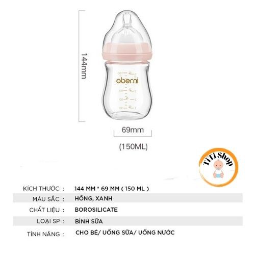 Bình sữa sơ sinh, Bình thủy tinh Oberni cho bé tập bú cao cấp chống sốc nhiệt 150ml TiTi Shop