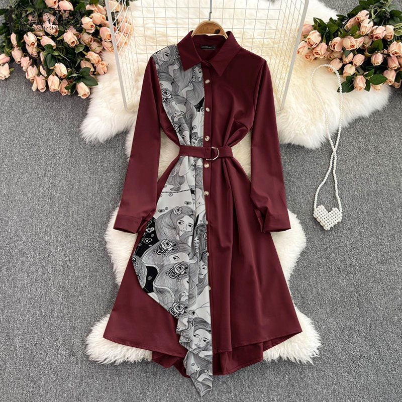Đầm maxi ZANZEA dáng rộng tay dài cổ bẻ chắp vải in họa tiết độc đáo phong cách thanh lịch cho nữ