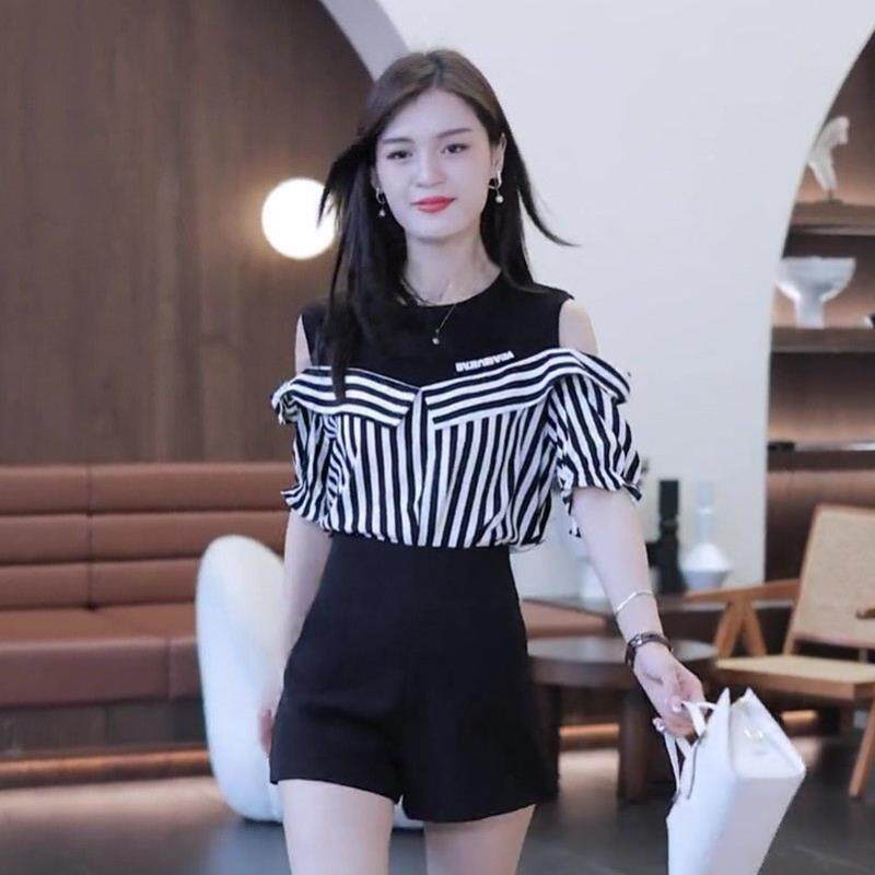 Áo Sơ Mi Tay Ngắn Hở Vai Dáng Rộng Họa Tiết Kẻ Sọc Thời Trang Hàn Quốc Cho Nữ