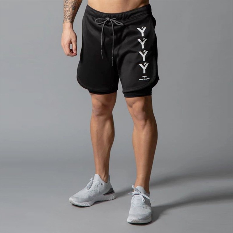 2 in1 Double-layer Fitness Running Sweat Shorts 2 in1 New Mens Stretch Quick-drying Breathable Shorts Sports Bottom Plus Size Short Pants Training Sports Wear