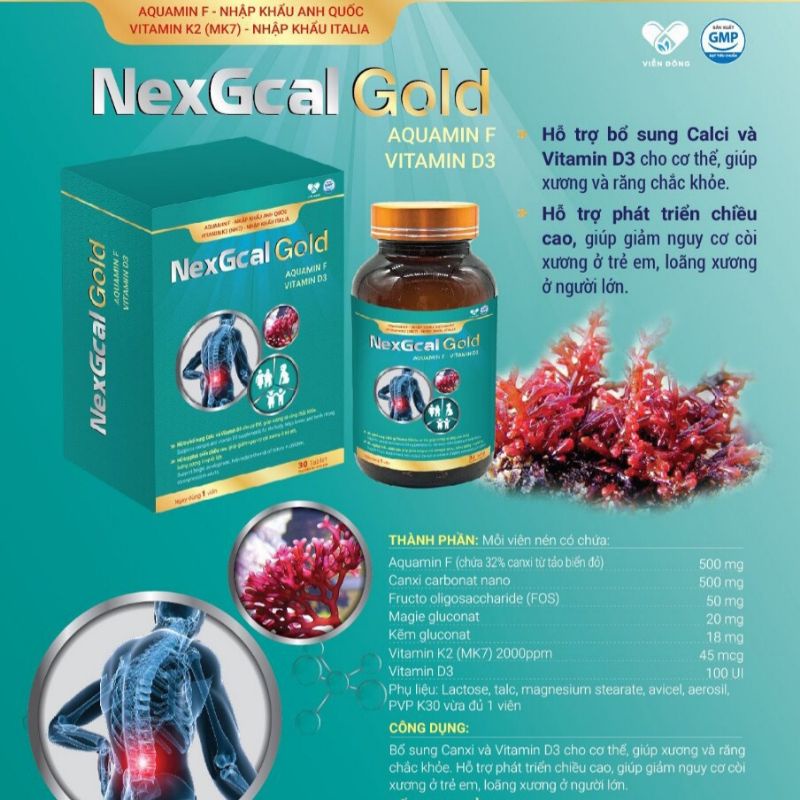 NexGcal Gold - Canxi tảo đỏ, giúp bổ sung canxi, vitamin d3 k2 cho bà bầu, tăng chiều cao cho bé lọ 30viên