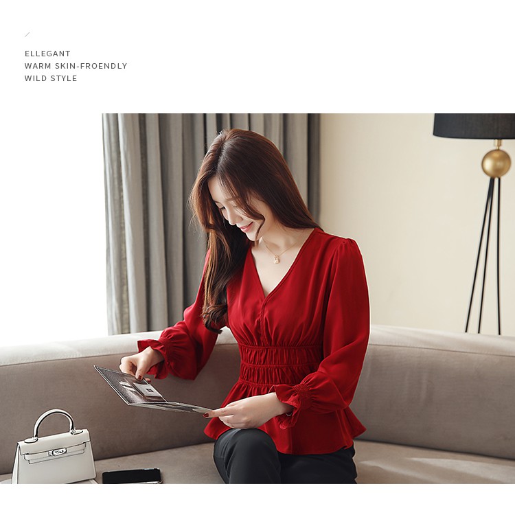 Korean V Neck Fashion Casual Peplum Top Women Autumn Long Sleeve Ruffle Chiffon Blouse White Red | BigBuy360 - bigbuy360.vn