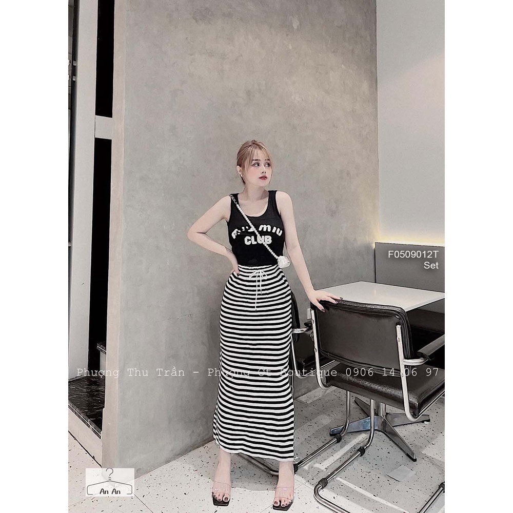 Set áo croptop chữ miumiu sát nách kèm chân váy kẻ sọc xẻ lai dáng dài hàng QC!