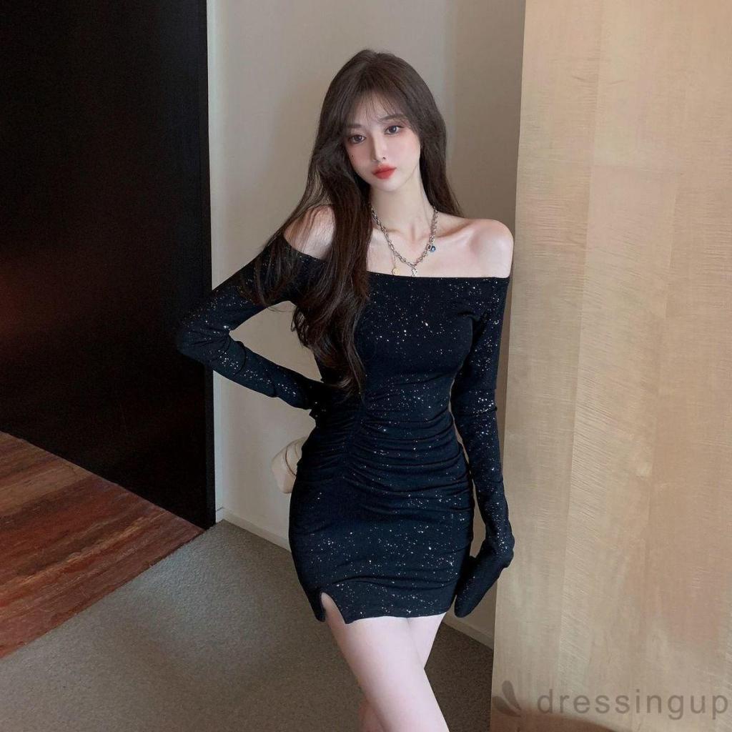 Đầm ôm dáng trễ vai màu đen đính đá thời trang cho nữ