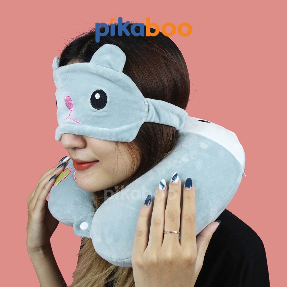 (Summer Sale 50%) Gối kê cổ kèm miếng che mắt cao cấp Pikaboo, vải cotton nhung lông mịn mềm co dãn, bông 3D tinh khiết