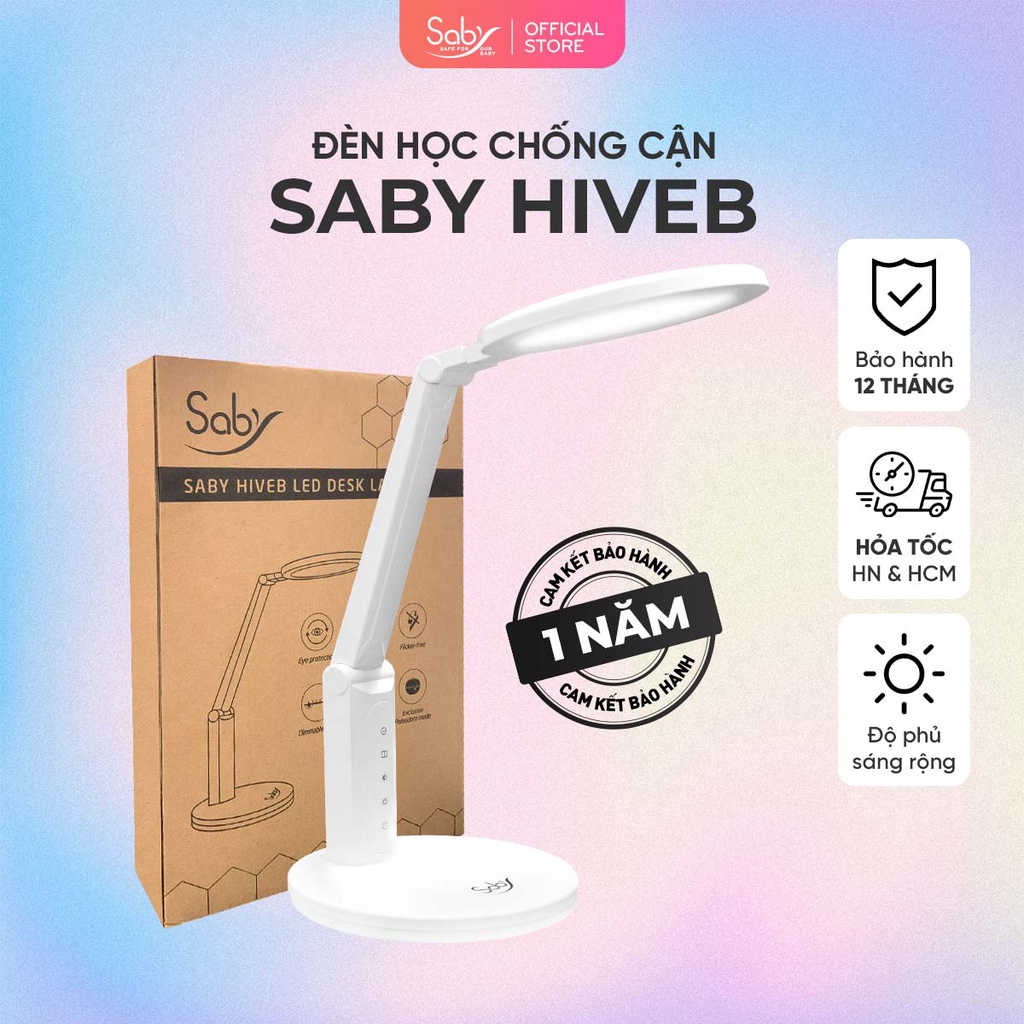 Đèn bàn học, đèn học chống cận Saby Hiveb, đèn led tổ ong thiết kế đĩa tròn độ phủ sáng rộng tính năng pomodoro