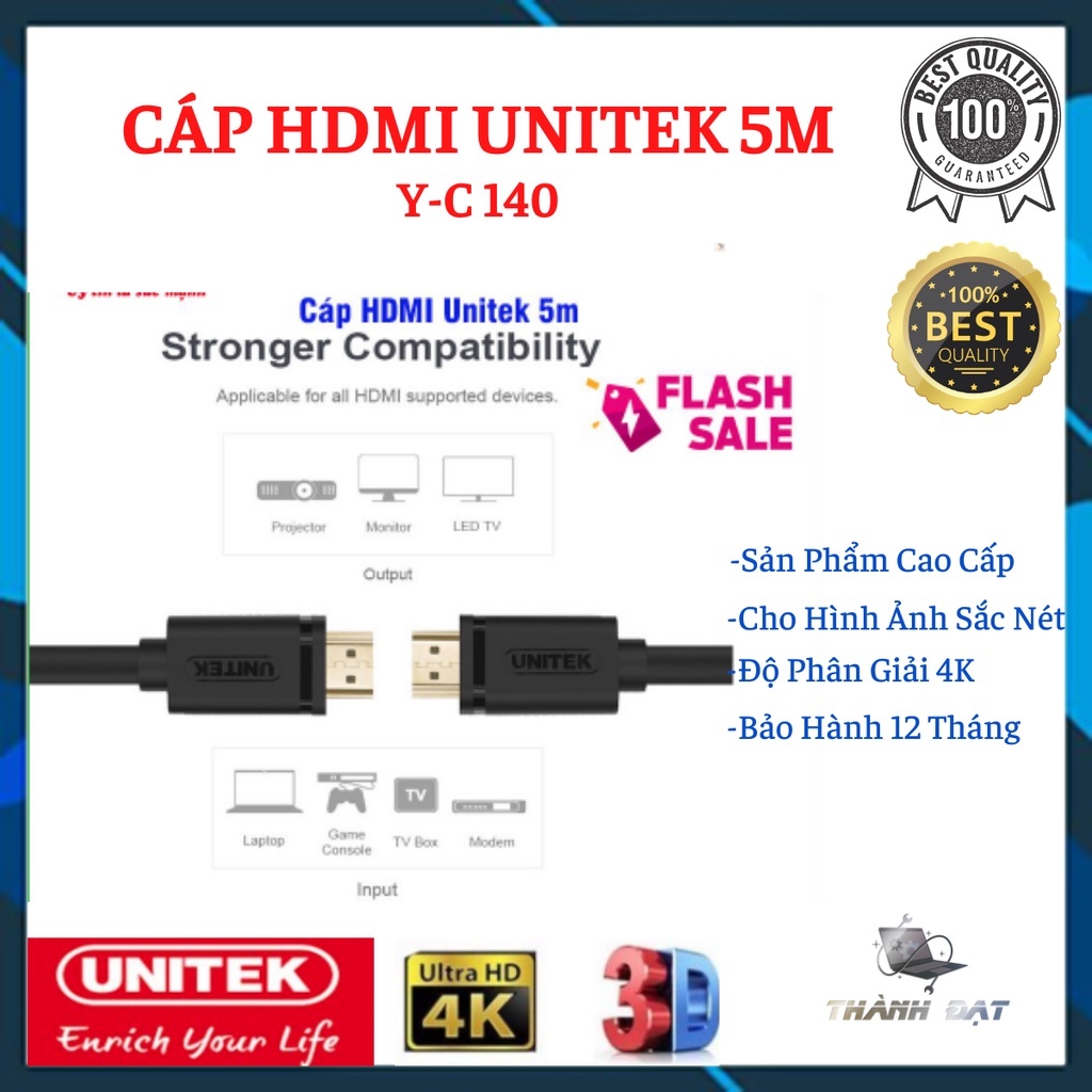 Cáp HDMI Unitek 5m Y-C140 - hỗ trợ 4K Ultra HD và 3D
