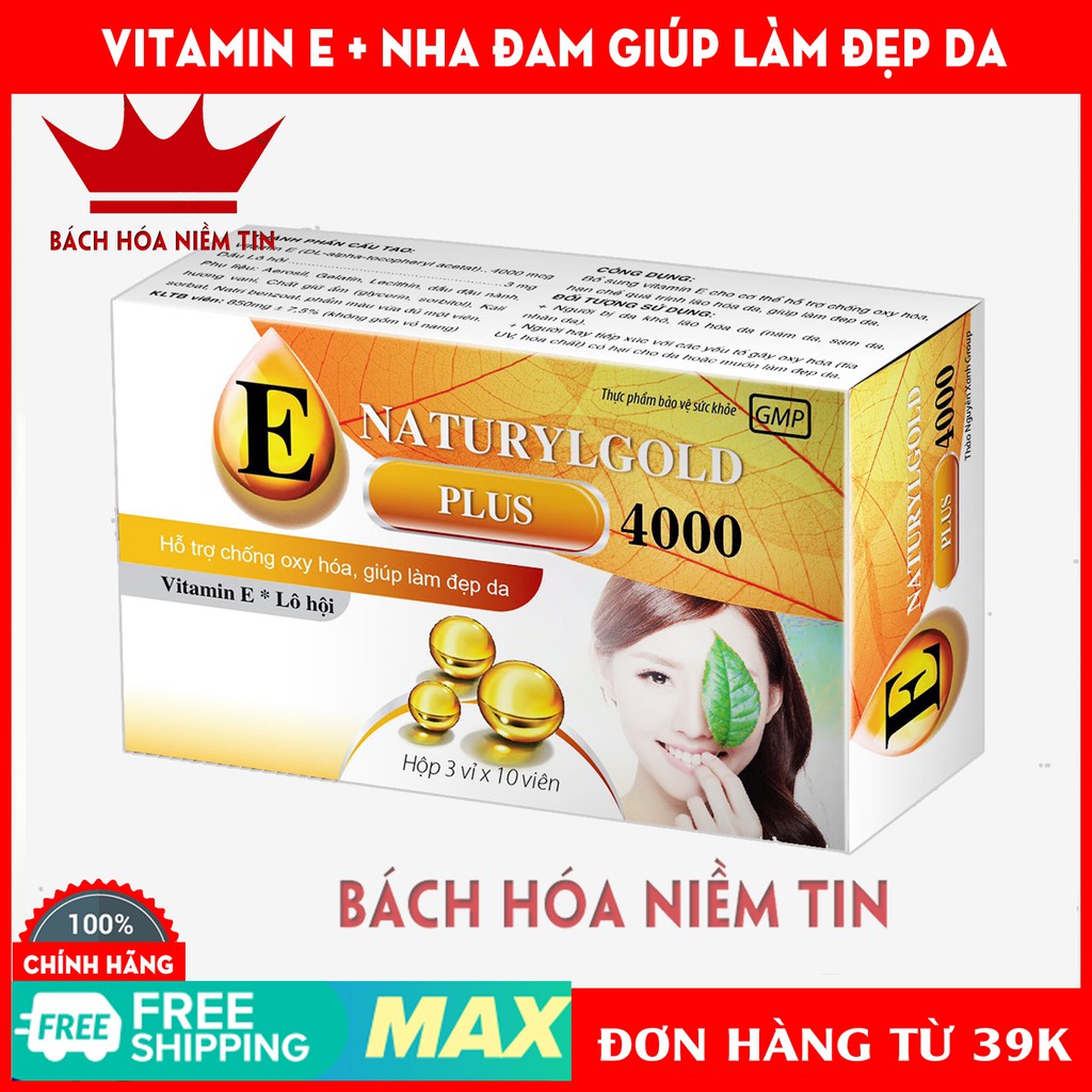 VITAMIN E 4000 NATURYL GOLD PLUS - kết hợp nha đam, giúp làm đẹp da, chống lão hóa hiệu quả - Hộp 30 viên chuẩn GMP