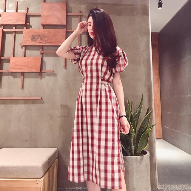 Đầm caro thắt nơ