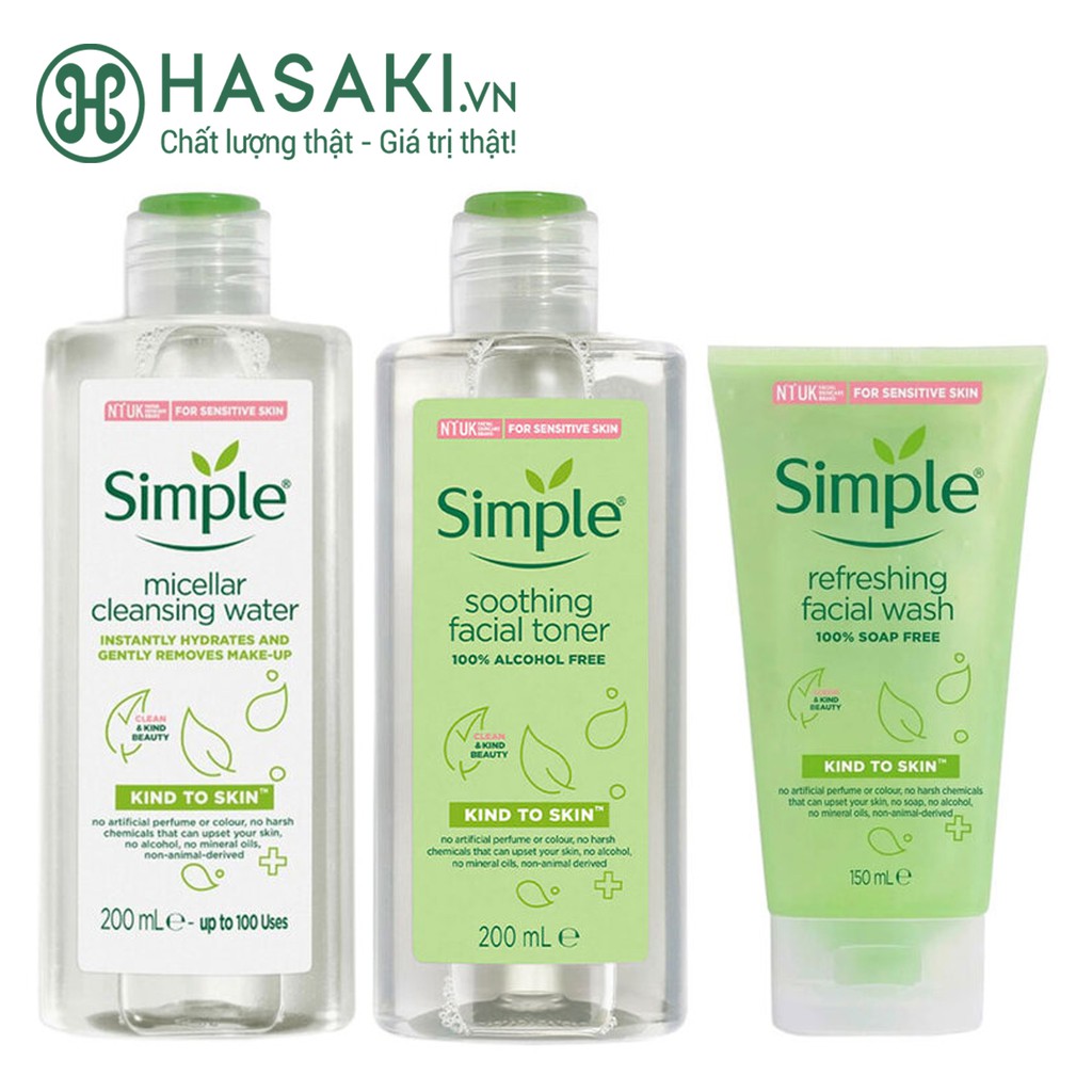 Combo Simple | Tẩy trang 200ml + Sữa rửa mặt 150ml + Nước cân bằng 200ml cho da sạch khỏe đàn hồi - Hasaki - Chính hãng