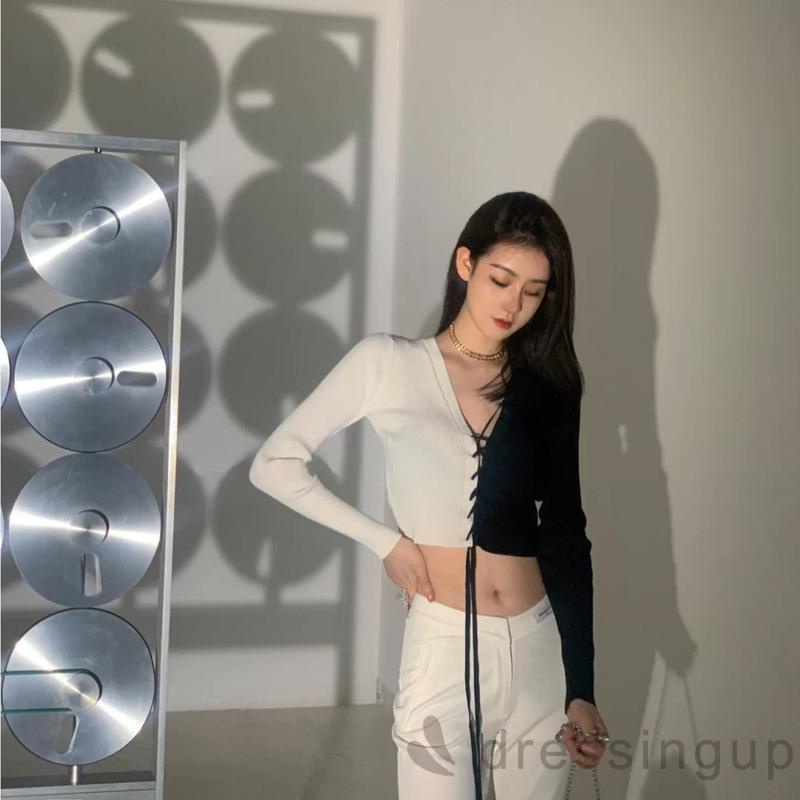 Áo Thun Tay Dài Cổ Chữ V Hở Rốn Thời Trang Dành Cho Nữ