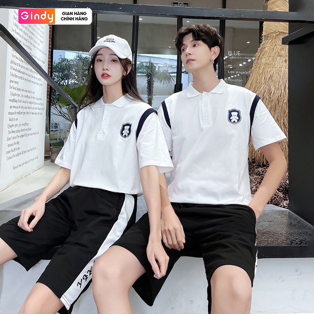Áo polo form rộng tay lỡ GINDY phông cổ bẻ thêu họa tiết gấu unisex, vải cotton thoáng mát form basic A020