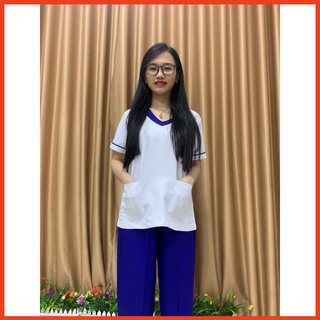 Bộ đồ Scrubs NỮ cổ tim cao cấp TRẮNG PHỐI BÍCH - Đồng phục y tế bác sĩ, spa