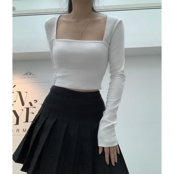 Áo Croptop Cổ Vuông Tay Dài, Áo Ctr Thun Body Chất Borip Nữ Tính Freesize IRISVIEL