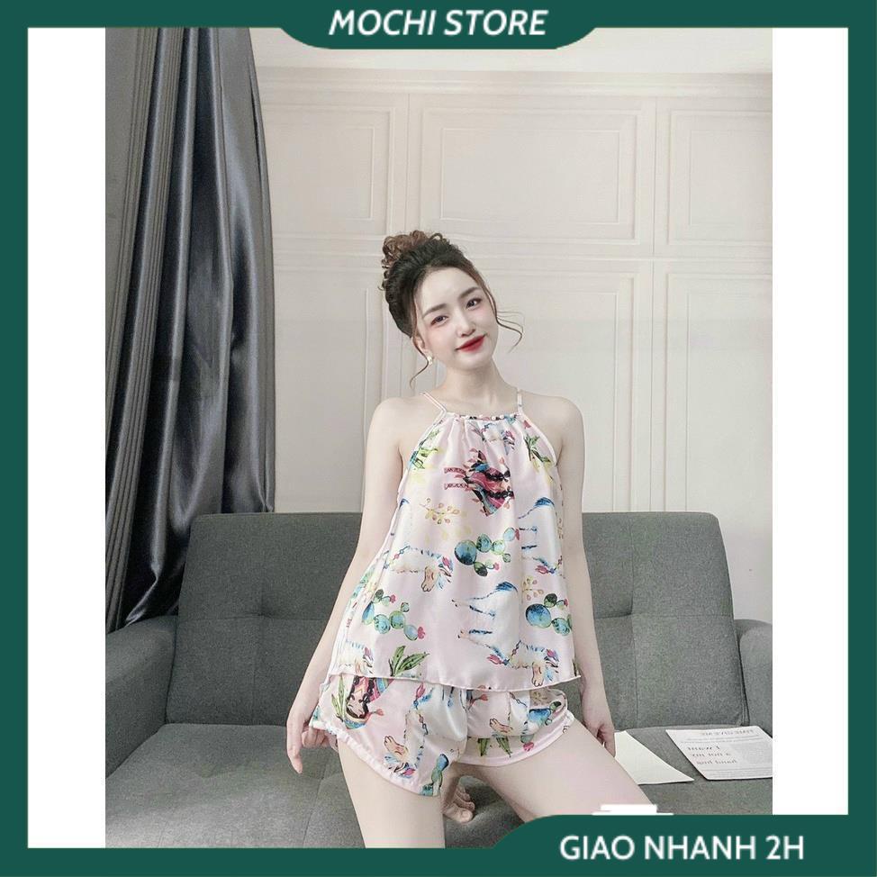 Đồ Mặc Nhà, Đồ Bộ, Bộ Yếm Nữ Quần Sọc Nhiều Họa Tiết Chất Satin Lụa Cao Cấp Form Dáng Dưới 60kg Mặc Vừa.