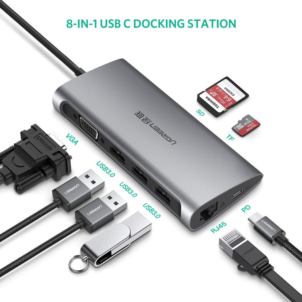 [Mã 159ELSALE hoàn 7% xu đơn 300K] Cáp USB type-C to VGA/USB 3.0/SD/TF/Lan Ugreen 50539