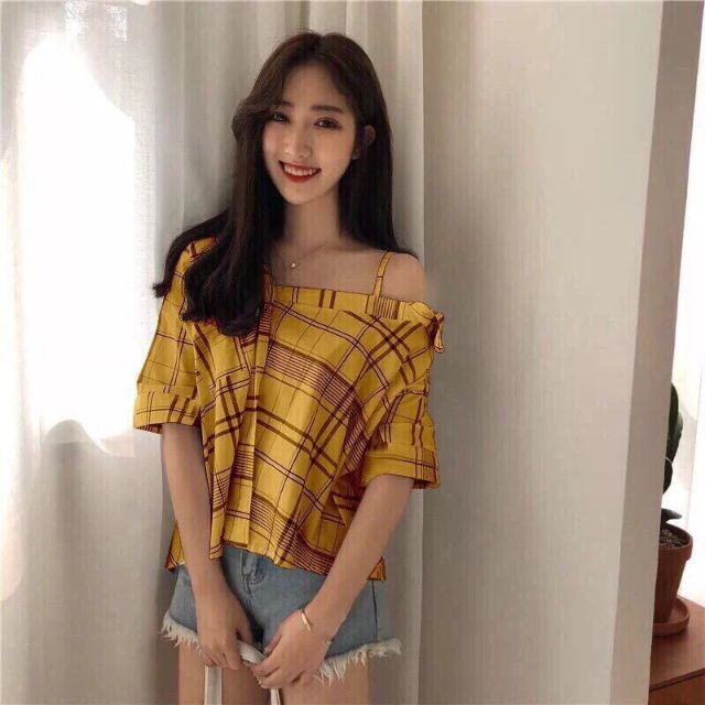 Áo sơ mi kiểu nữ hở vai sọc caro siêu xinh
