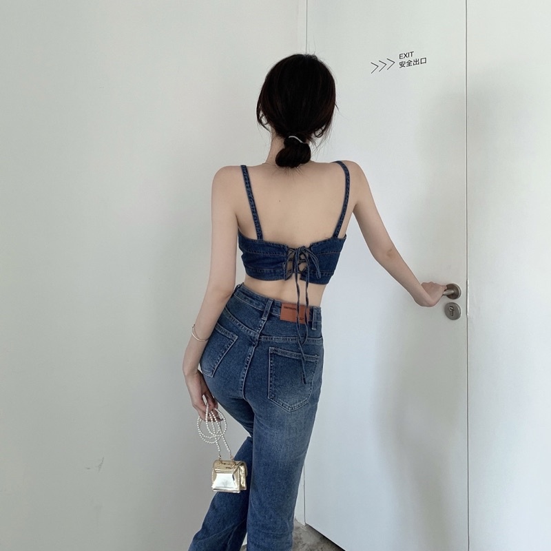 Quần jean loe xanh đậm may gấu
