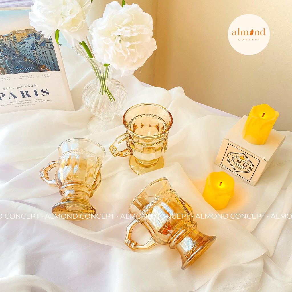 Ly Thuỷ Tinh Màu Hổ Phách Chịu Nhiệt Có Quai 130ml, Cốc Thuỷ Tinh - phong cách Retro Hàn Quốc - AMBER RETRO MUG